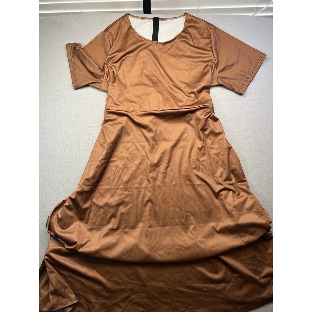 Women's 4XL Empire Maxi Dress Tie Back Short Sleeve Stretch Pockets Copper Brown